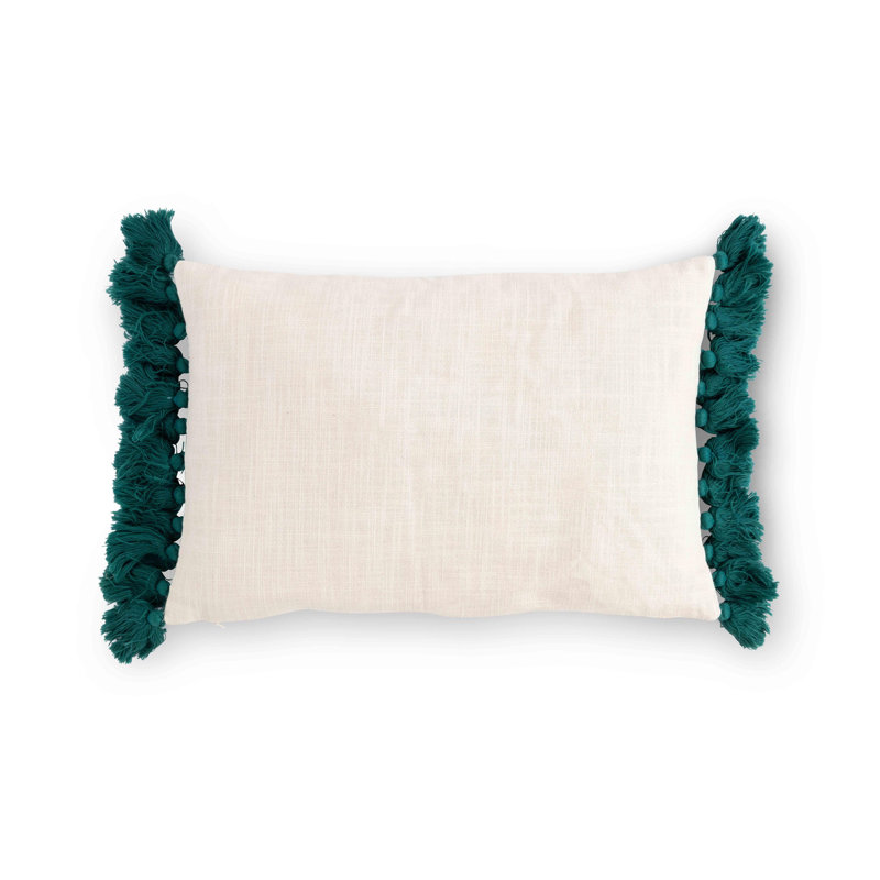 Free Bird Embroidered Cotton Pillow with Green Tassels