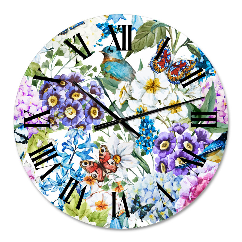 Vibrant Wild Spring Leaves and Wildflowers - horloge murale moderne, Surdimensionné