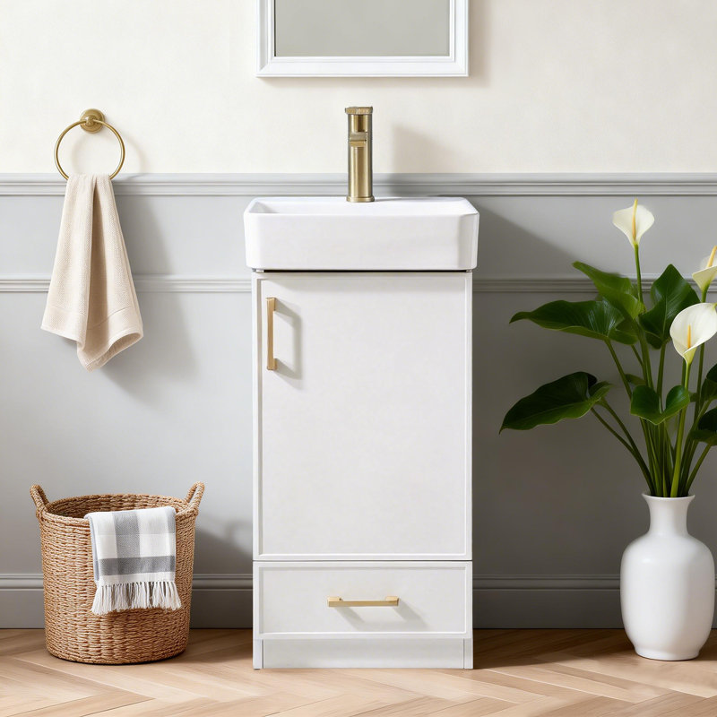 Meuble-lavabo moderne de 18 po avec lavabo en céramique, armoire compacte autoportante avec 1 porte à fermeture en douceur et 1 tiroir inférieur