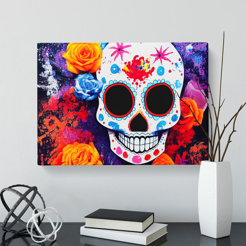 Flowing Floral Sugar Skull - Wrapped Canvas Print, 35cm H x 50cm W x 3cm D