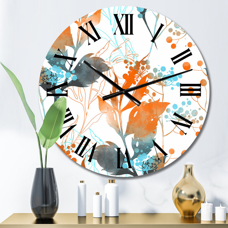 Boho Orange and Blue Leaves - Traditional Wall Clock, Small
