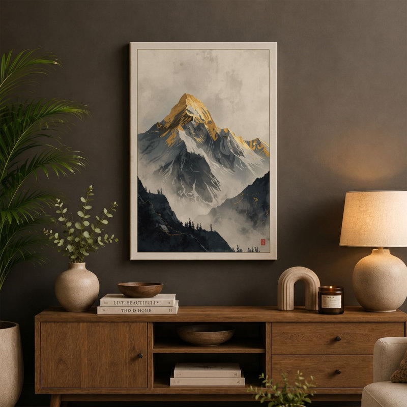 Mountain at Sunrise Scandinavian - Wrapped Canvas, 36x24 - 91.4 x 61.0 cm, Black Border