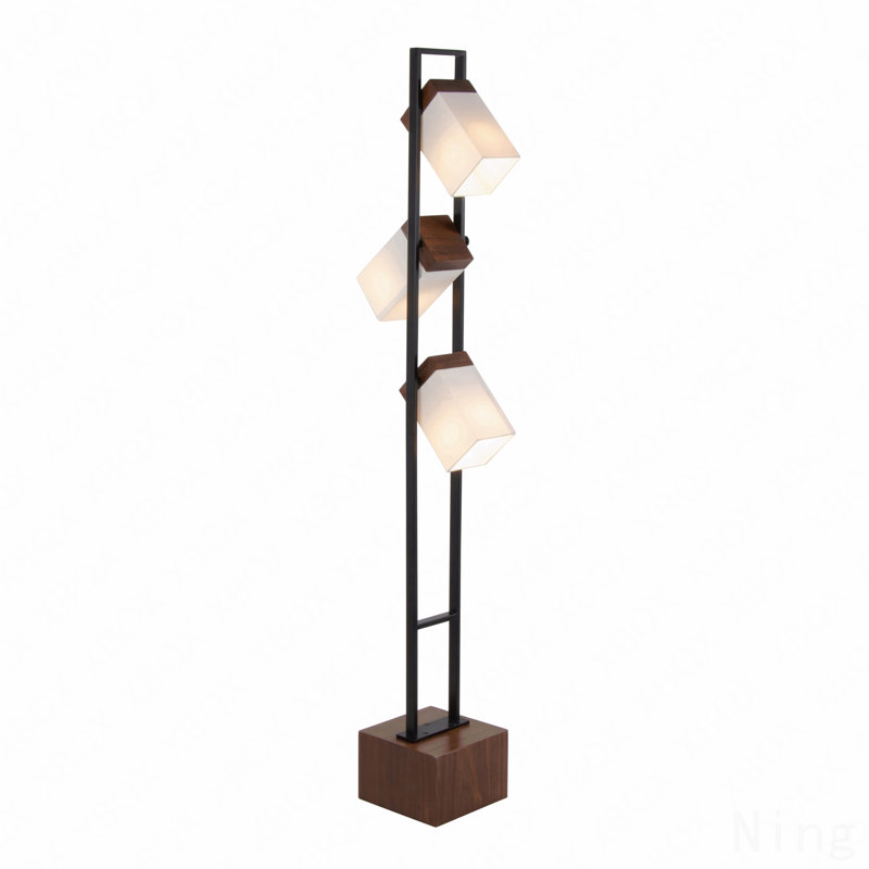 Lampe sur pied 67,5 "contemporaine en métal noir et bois de noyer avec abat-jour blanc par Lumisource