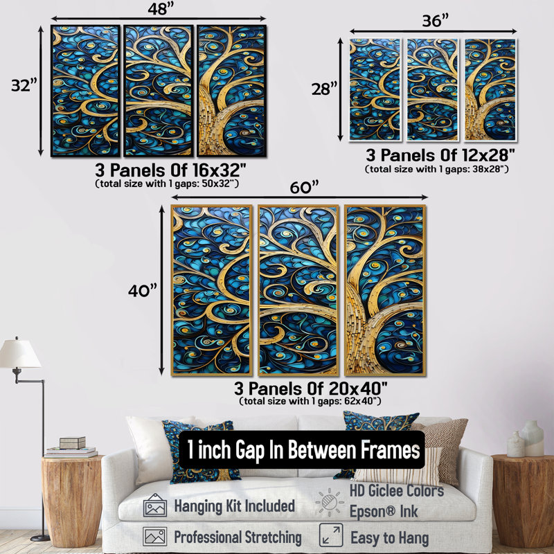 «Whirling Art Nouveau Tree Teal Blue Sky», ensemble de reproduction d'art mural arbre, Cadre flottant doré