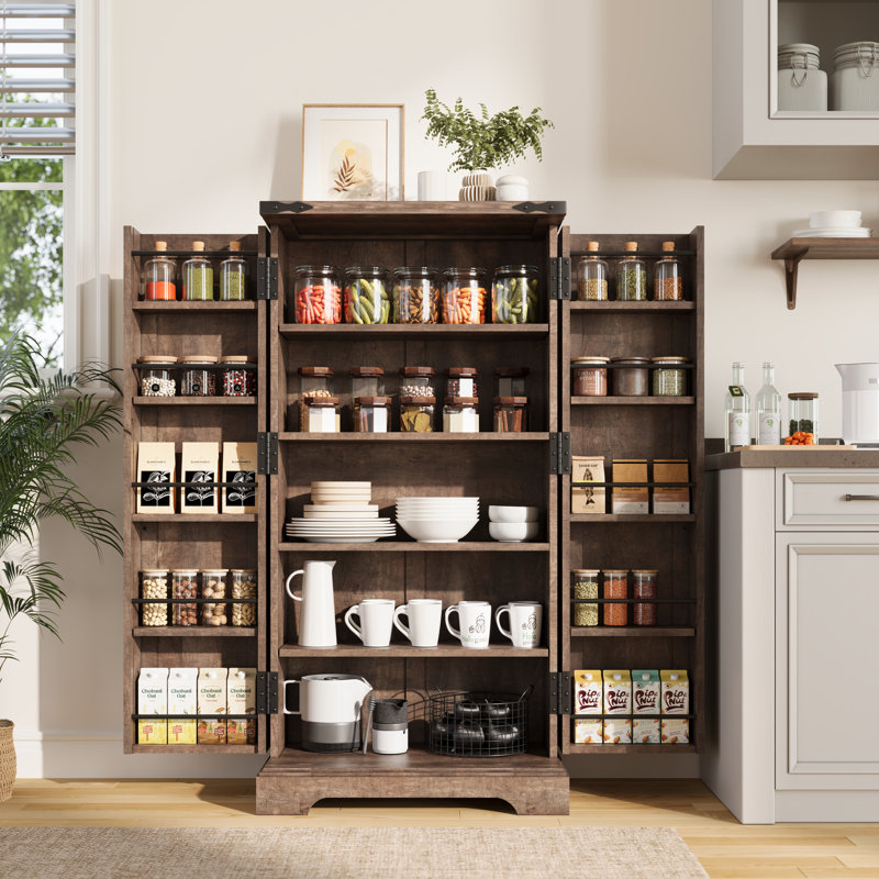 Farmhouse 47" Kitchen Pantry Cabinet with Barn Doors & 10 Door Shelves, Wood Storage Organizer with Adjustable Shelves