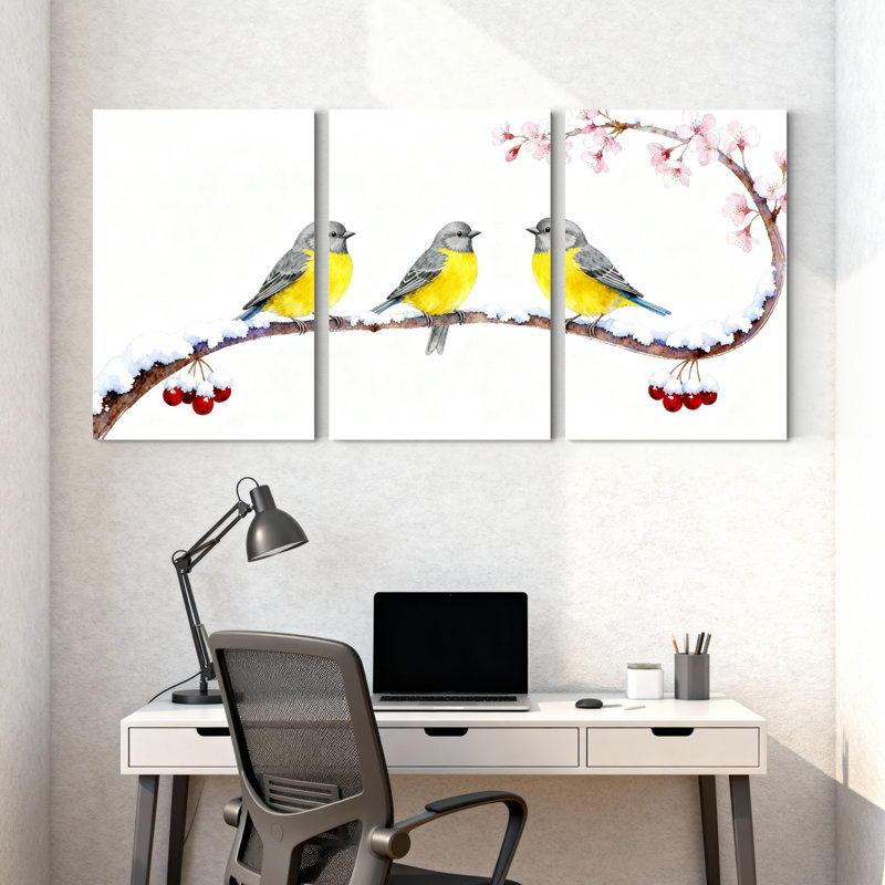 «Birds Three Birds On Snowy Branch With Berries», ensemble de 3 impressions sur toile, H 18 po x l 36 po
