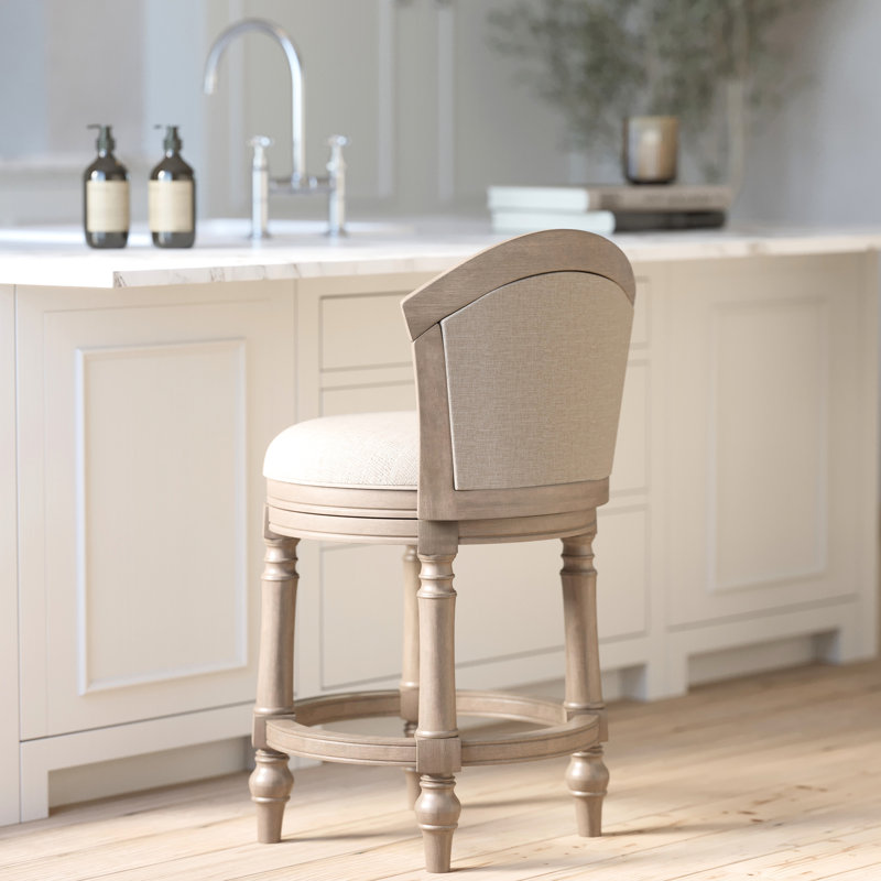 Tabouret de bar rembourré de 26 pouces avec pivot, à hauteur de comptoir, gris, dossier beige, structure en bois massif, support confortable, tabouret à hauteur de comptoir à assemblage rapide, rembourré de 26 po, couleur grise