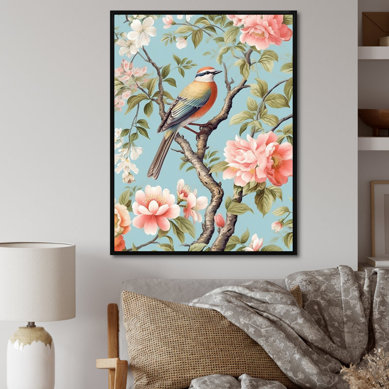 Chinoiserie, oiseaux et pivoines II, Cadre flottant noir, H 32 po x l 16 po x P 1 po