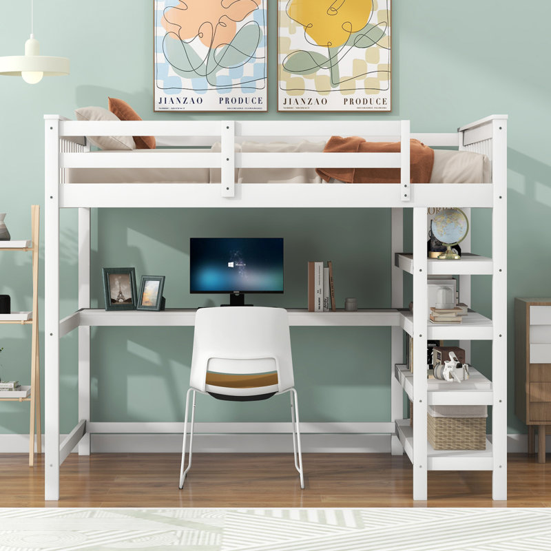  Lit mezzanine avec tablettes de rangement et bureau sous le lit, Simple, Blanc