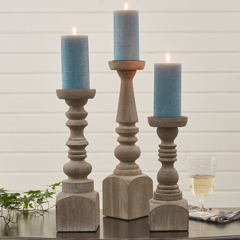 18'' H Wood Tabletop Candlestick, Gray