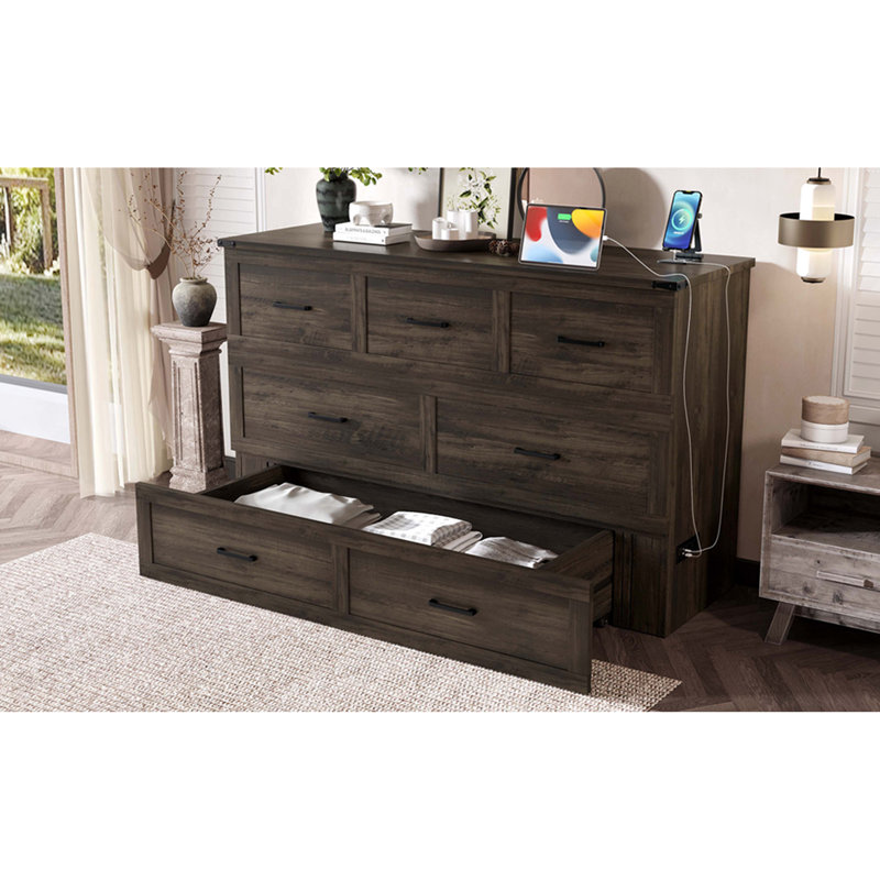 Grand lit escamotable Murphy avec station de charge, lit plateforme pliable multifonctionnel avec 1 grand tiroir de rangement pour chambre d'amis, petite chambre