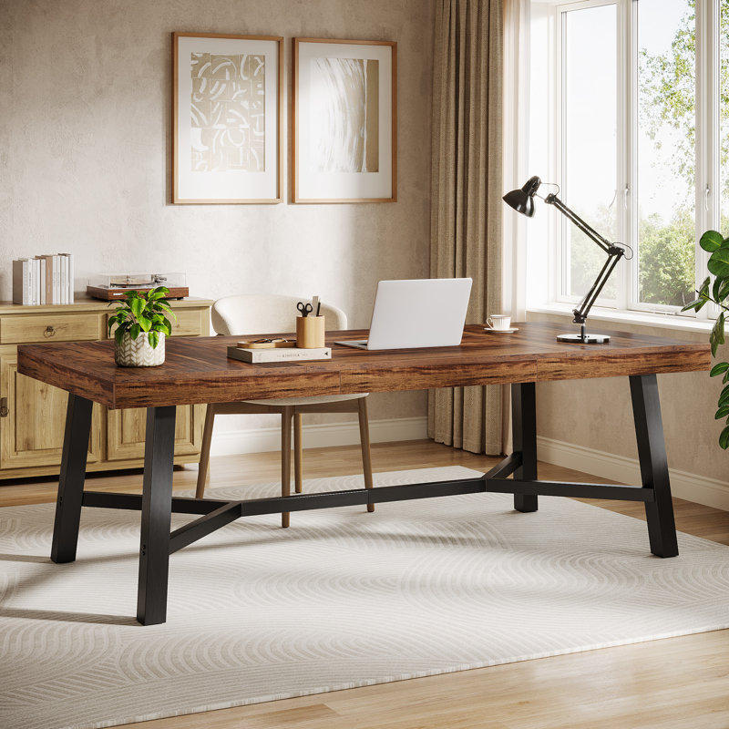 71" Rectangle Office Desk, Large Executive Computer Desk, Rustic Brown/Black
