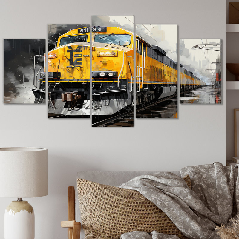 Train géométrique jaune jaune II - Décoration murale transport - 5 panneaux