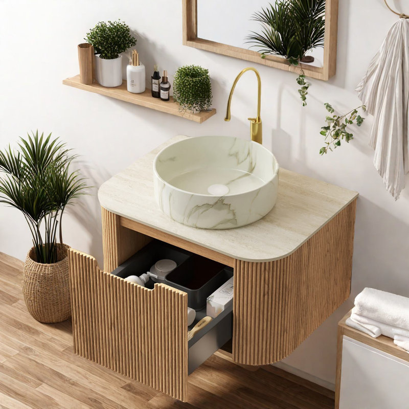 "Meuble-lavabo flottant avec lavabo en céramique, armoire à grain de bois élégante