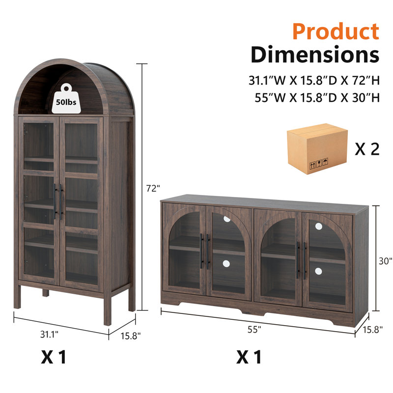 Buffet rustique 2 pièces et armoire arquée, armoire de cuisine en bois, avec rangement et tablettes réglables pour la salle à manger, le salon