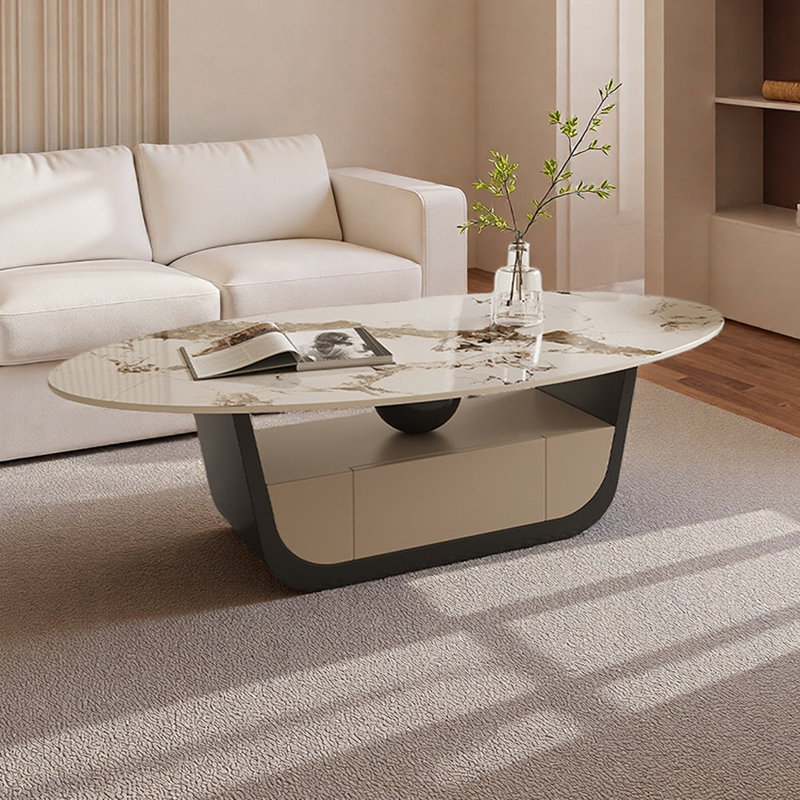 Table basse moderne avec rangement en ardoise, Blanc / Taupe, H 16,53 po x L 55,11 po x l 31,49 po