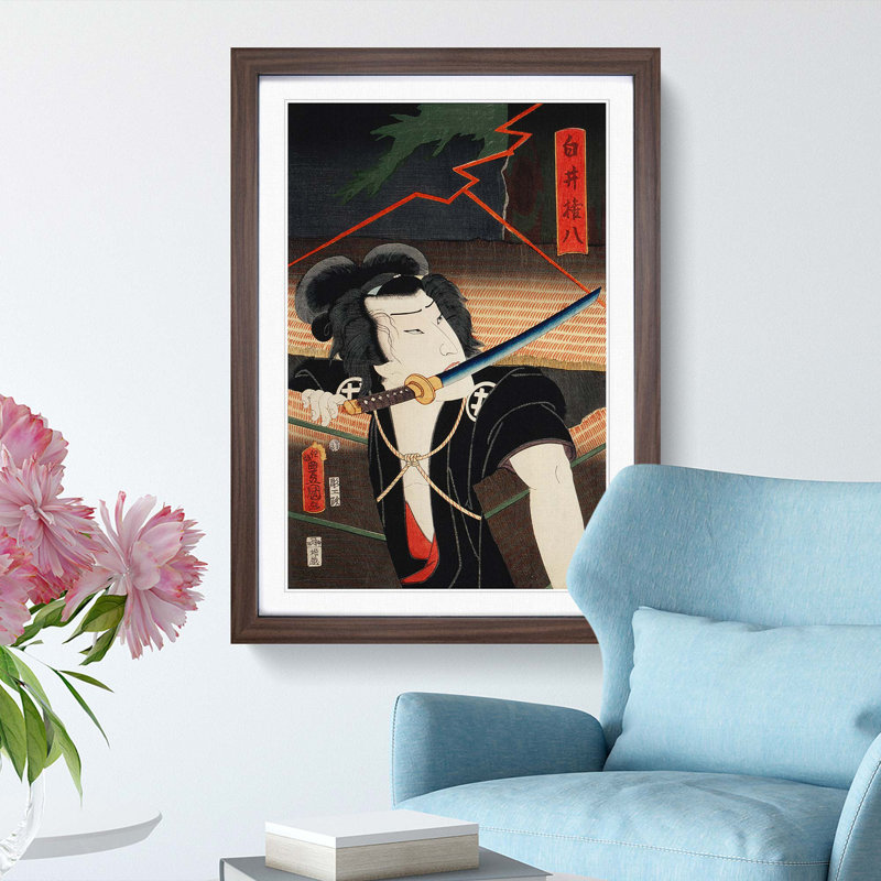 Man with a Samurai Sword by Toyohara Kunichika - Picture Frame Art Print, Walnut Framed, 48cm H x 36cm W x 2cm D