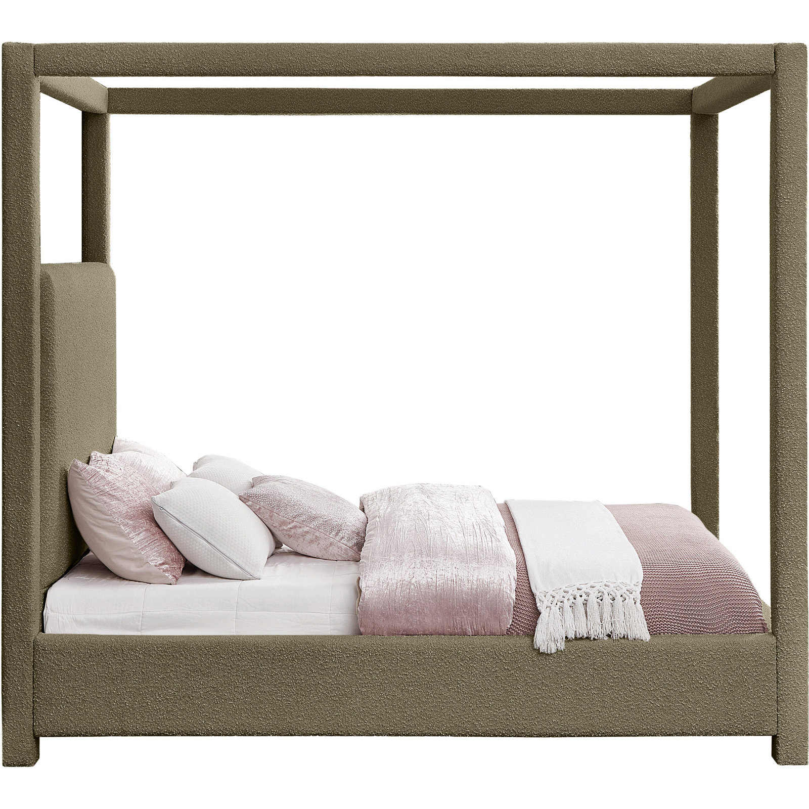 Eucalyptus Canopy Bed, Queen, Olive Boucle Fabric