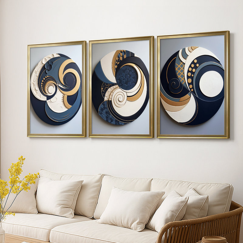 ABSTRACT Series DLIII  -Custom Framed  Wrapped Gallery Canvas - 3 Pieces, 21" H x 30" W, Gold