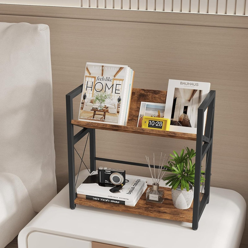 Bibliothèque de bureau, étagère de bureau à 2 niveaux, bibliothèque de table en bois, petit support de bureau pour bureau, maison, chambre à coucher, petit espace de rangement et de présentation, brun rustique