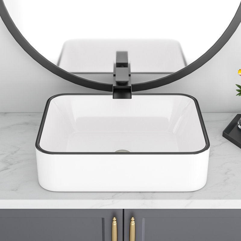 Lavabo vasque de salle de bain rectangulaire en argile réfractaire 19 po Lofeyo, Blanc pur / noir