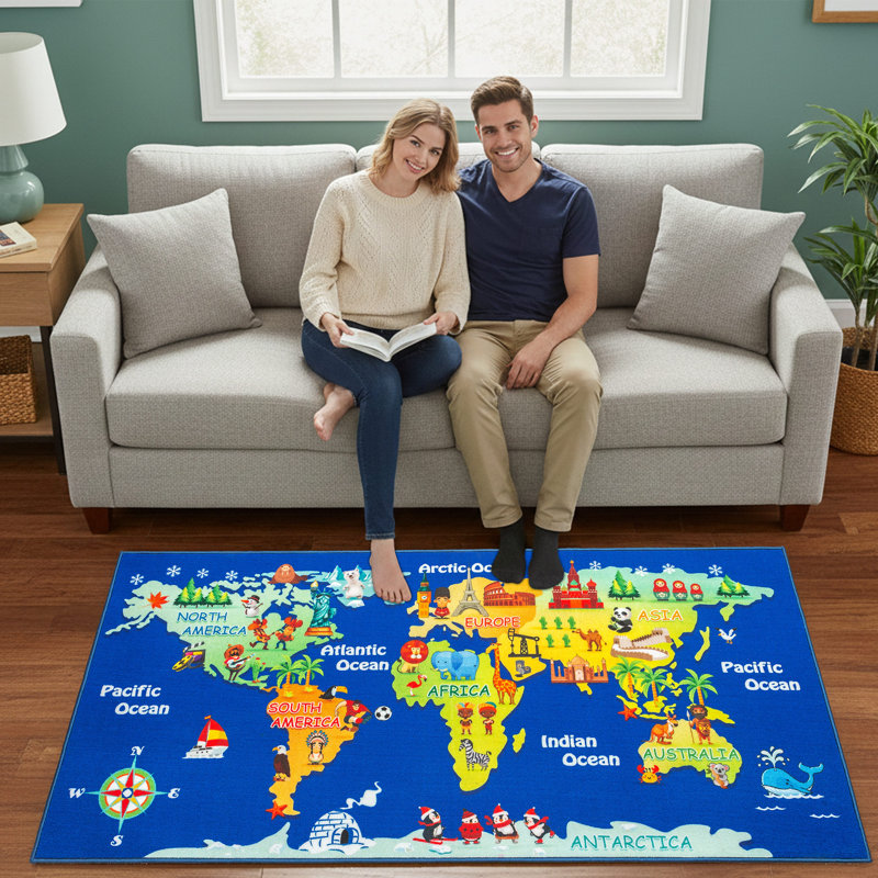 Furnish my Place Johnathon 756 World Map HD |Educational Learning Game Play | Non Slip Kids Rug Carpet Classroom Playroom Mat | Educational Play Time, Multicolor