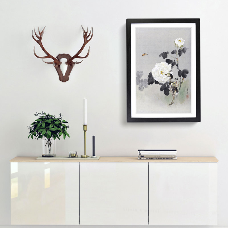 Young Bird and Butterfly by the Roses by Watanabe Seitei - Picture Frame Painting Print, Black Framed