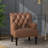 Enoks Upholstered Brown Faux Leather Tufted Armchair with Nailhead Trim