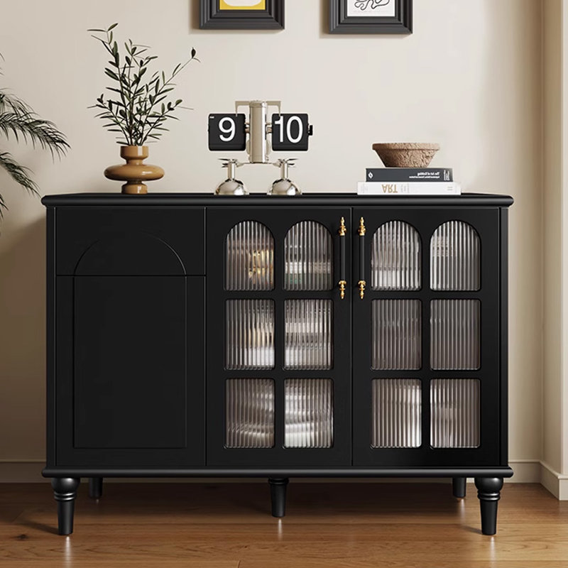 Buffet noir massif + bois manufacturé + verre trempé