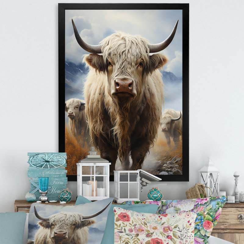 " Yaks Grazing In Mountain ", 40" H x 30" W x 1.5" D, Black Single Picture Framed