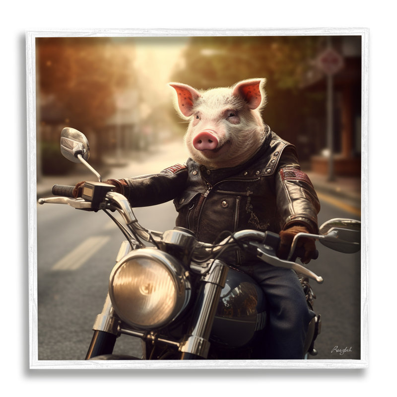 Cochon faisant de la moto par Roozbeh, Giclée encadrée blanc bord de mer, H 12 po x l 12 po x P 1,5 po