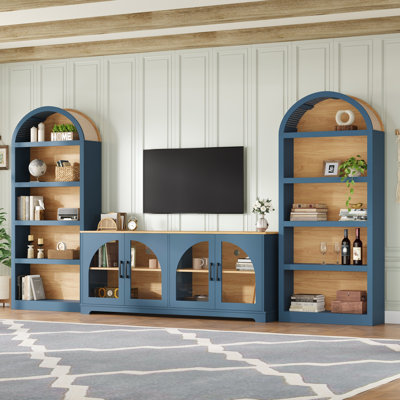Ensemble de meuble télé 3 pièces avec bibliothèque pour téléviseur de 70 po ou moins, centre de divertissement bicolore en grain de bois avec design arqué, buffet de ferme avec portes en verre trempé pour le salon