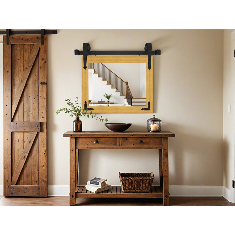 Miroir rustique moderne avec rail de porte de grange en acier et supports de coin décoratifs en métal, 33x36, Or mat