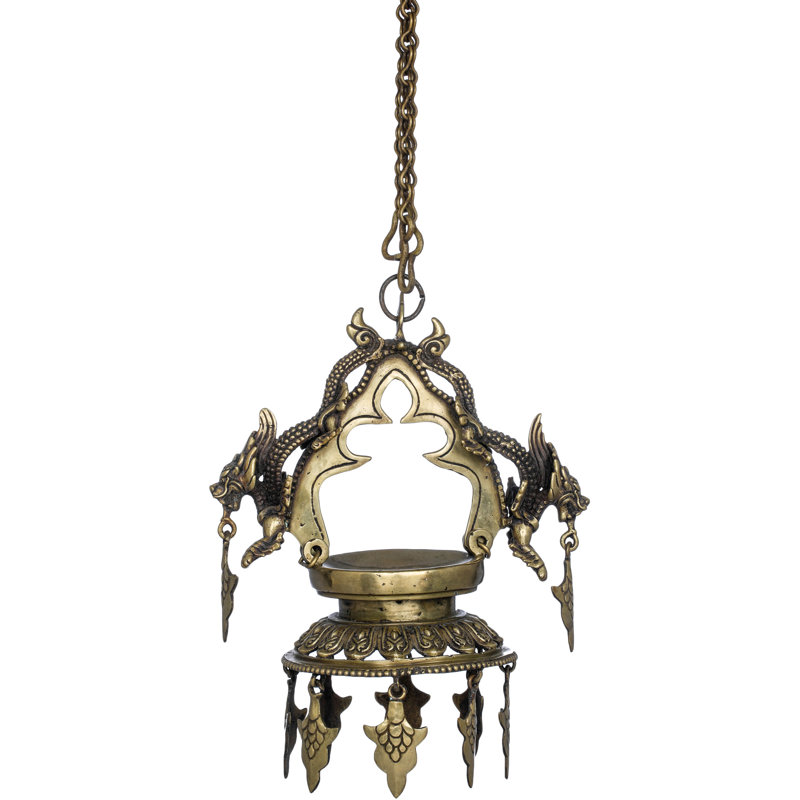 Lampe à huile suspendue 11 po faite à la main avec dragons en laiton - Rituel artisanal népalais Diya, éclairage de protection pour autels domestiques et décor mystique