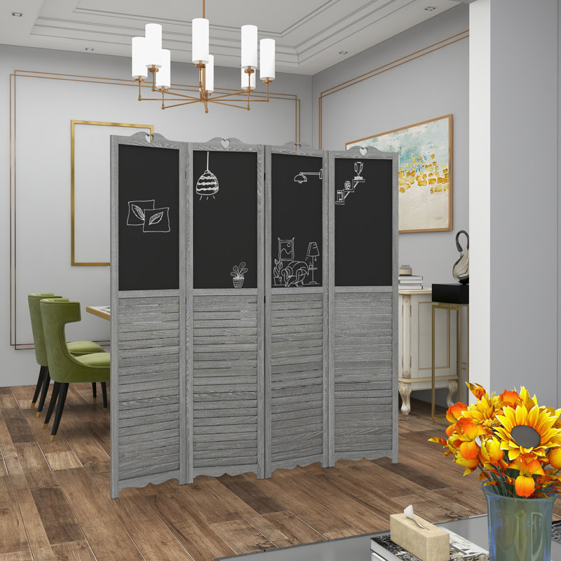 4-Panel Folding Room Divider With Blackboard, Gray