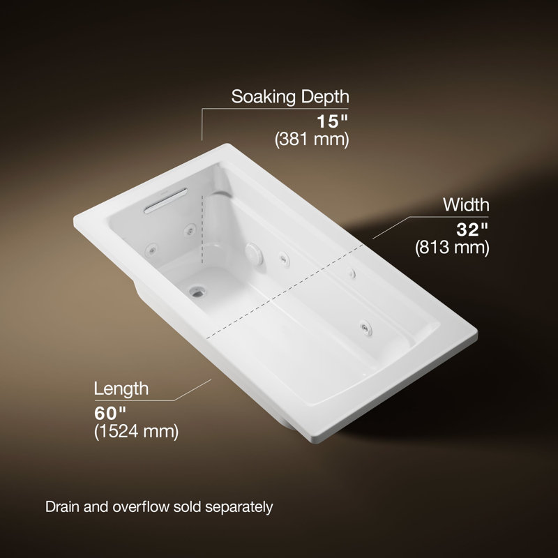 Archer® 60" x 32" Drop In Whirpool Acrylic Bathtub, White