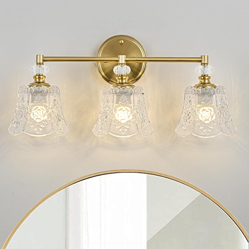 Luminaire de meuble-lavabo rétro, 3 lumières avec abat-jour en cristal rose, rétro, Clair, Doré