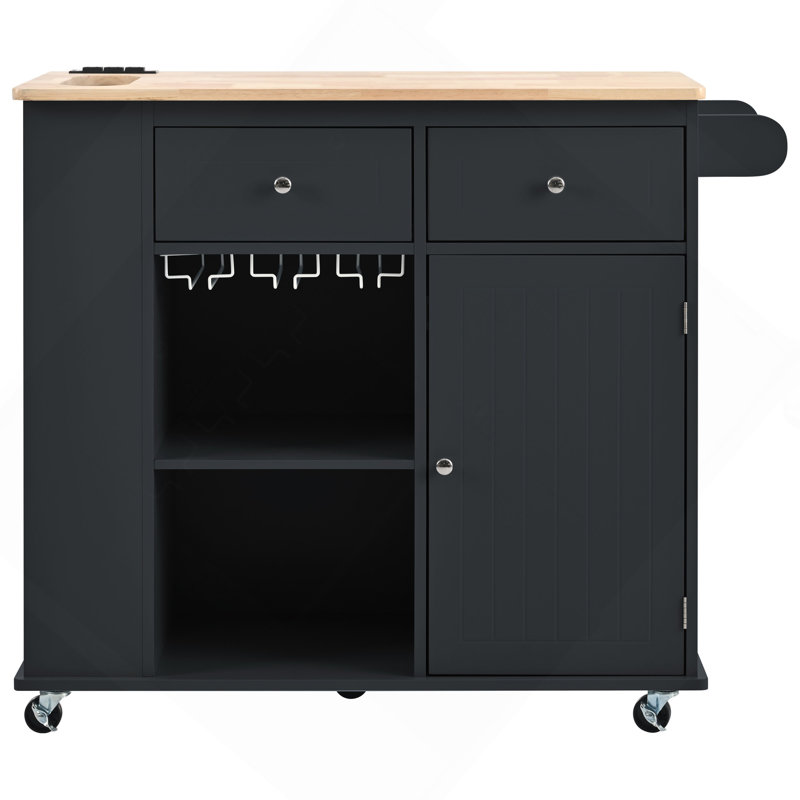 Îlot de cuisine avec prise de courant, îlot de rangement avec abattant et bois d'hévéa, rangement ouvert et support à vin, 5 roulettes, avec rangement réglable pour la maison, la cuisine et la salle à manger