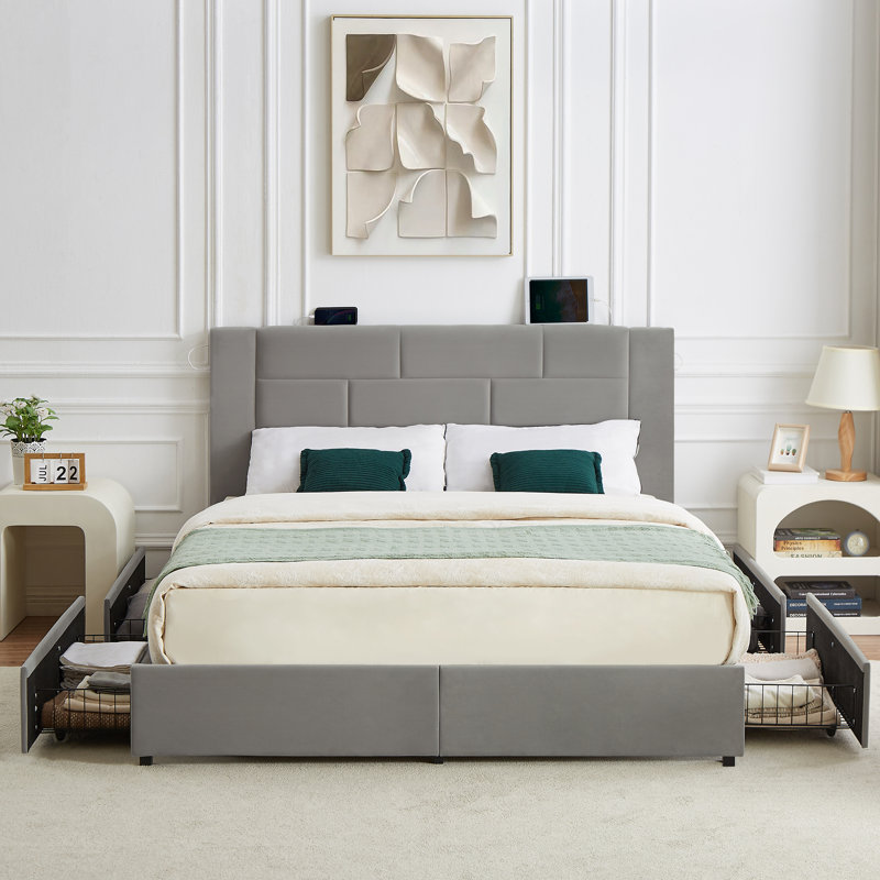 Base de lit double avec 4 tiroirs de rangement et ports USB Denman, Double, Gris foncé