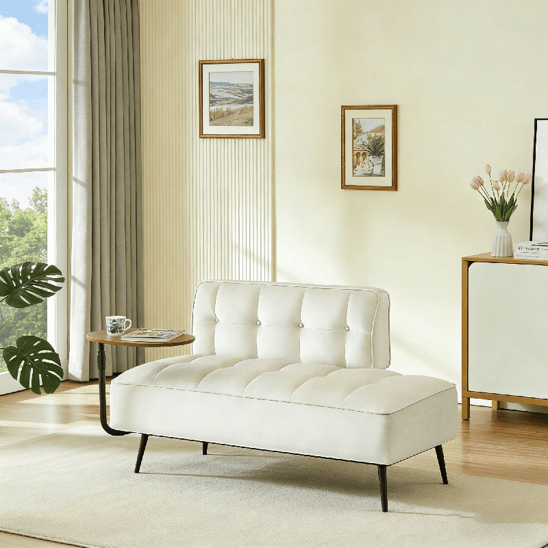 55 Inch Modern Upholstered End of Bed Bench with 360° Swivel Side Tray, Faux Leather 2-Seat Armless Sofa Bench, Entryway Ottoman, Window Bench, Accent Bench with Metal Legs for Bedroom Living Room Foyer Hallway