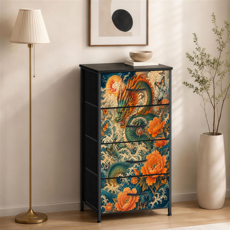 Commode 4 tiroirs pour chambre à coucher Dragon chinois à motif floral Ocean Waves