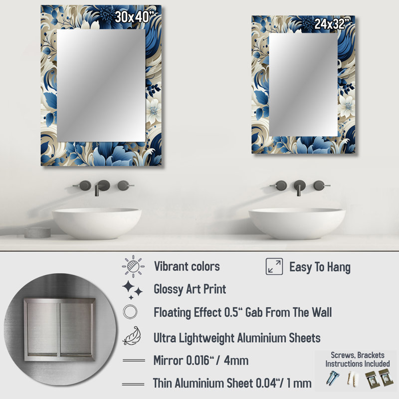 Kennedy Romantic Cobalt Blue Swirls Victorian Pattern - Floral Decorative Mirror, Cottage Wall Mirror, Printed Metal Art
