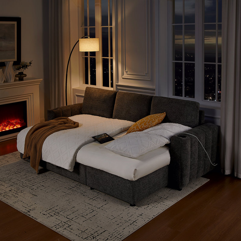 Canapé-lit modulaire réversible 96 po en tissu bouclé gris 96 po avec méridienne de rangement, porte-gobelets, port de chargement USB et coussins décoratifs