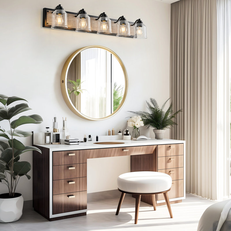 40" Vanity Fixture, 5- Bath Wall Sconce, Clear Glass Shades, Black & Wood Grain, Industrial Thirst Bathroom , Sconce With And Sparkle