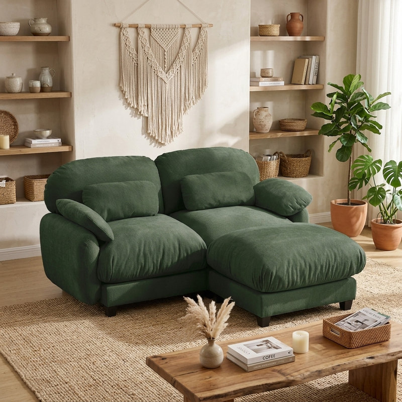 Canapé en L 76 po avec repose-pieds amovible et tissu chenille 76 po, Chenille verte, Vert
