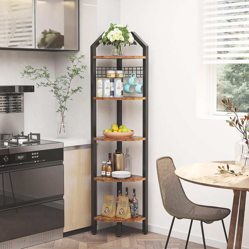 Montfort 176 cm H x 28.5 cm W Iron Corner Bookcase, Rustic Brown