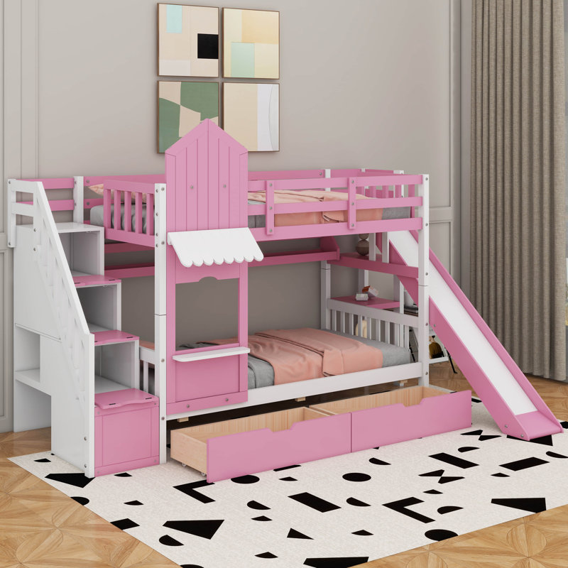 Twin Over Twin Castle Style Bunk Bed With Drawers，Shelves, Pink