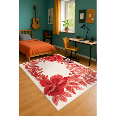 Tapis blanc tissé à motif floral lavable Mosso