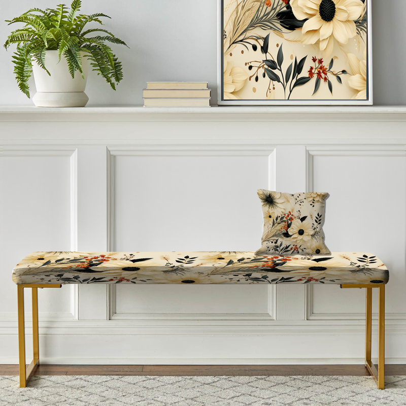 Black And Beige Flowers Chrysanthemums Pattern - Floral Upholstered Gold Bench