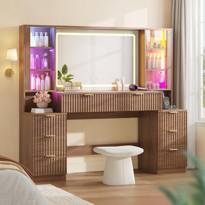 59.1" Fluted Wood Makeup Vanity Desk With Mirror And Led Lights, Large Vanity Dressing Table, 8 Drawers, 2 Glass Cabinets, With Charging Station, Black